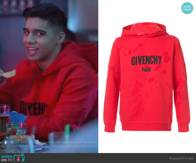 Givenchy Distressed Logo Print Hoodie worn by Vivek Shah (Jordan Buhat) on Grown-ish