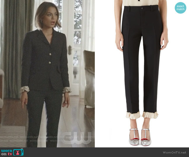 Gucci Cady Ruffled Pants worn by Cristal Flores (Nathalie Kelley) on Dynasty