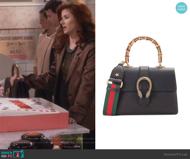 Gucci Dionysus Medium leather shoulder bag worn by Grace Adler (Debra Messing) on Will and Grace