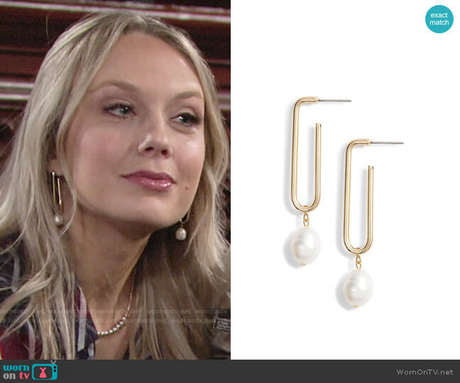 Halogen Pearl Geo Hoop Drop Earrings worn by Abby Newman (Melissa Ordway) on The Young and the Restless