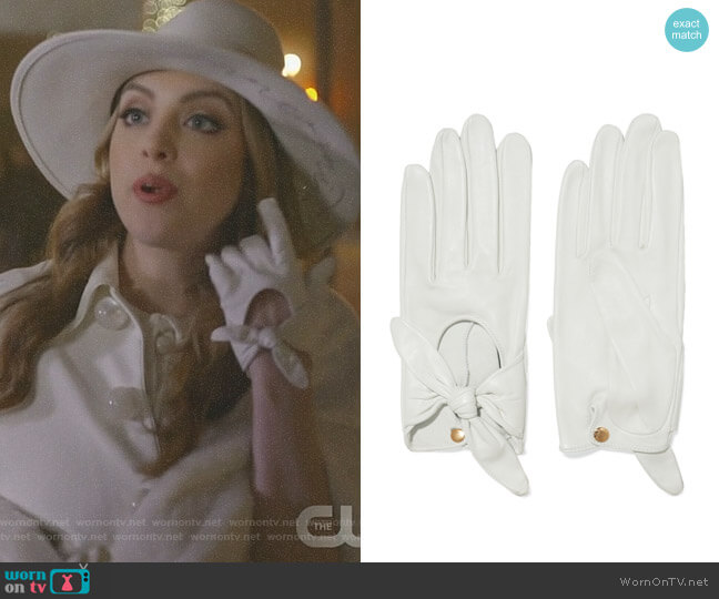 Causse Gantier Helena bow-embellished leather gloves worn by Fallon Carrington (Elizabeth Gillies) on Dynasty