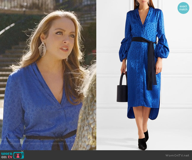 Hellessy Helga Belted Jacquard Midi Dress worn by Fallon Carrington (Elizabeth Gillies) on Dynasty