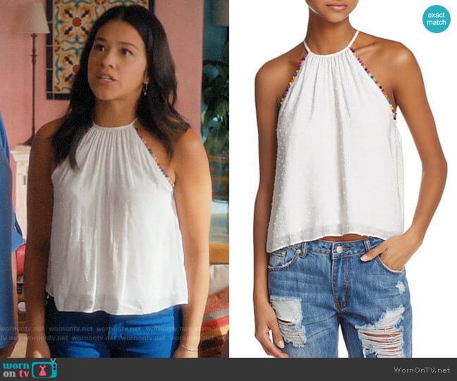 Honey Punch Pom-Pom Trim Swiss Dot Tank worn by Jane Villanueva (Gina Rodriguez) on Jane the Virgin