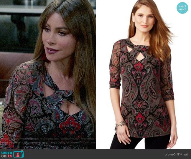 INC International Concepts Printed Mesh Cutout Top worn by  Gloria Pritchett (Sofia Vergara) on Modern Family