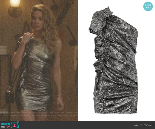 Isabel Marant Gia Brocade One-Shoulder Dress worn by Alexis Rose (Annie Murphy) on Schitts Creek