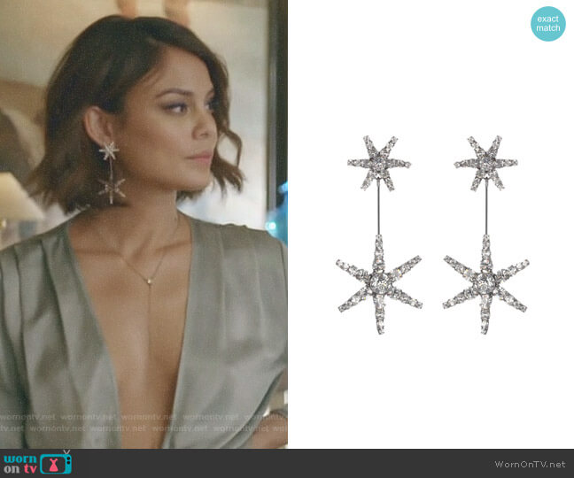 Jennifer Behr Starburst crystal earrings worn by Cristal Flores (Nathalie Kelley) on Dynasty