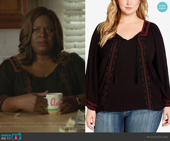 Jessica Simpson Plus Size Rogan Embellished Peasant Top worn by Ruby Hill (Retta) on Good Girls