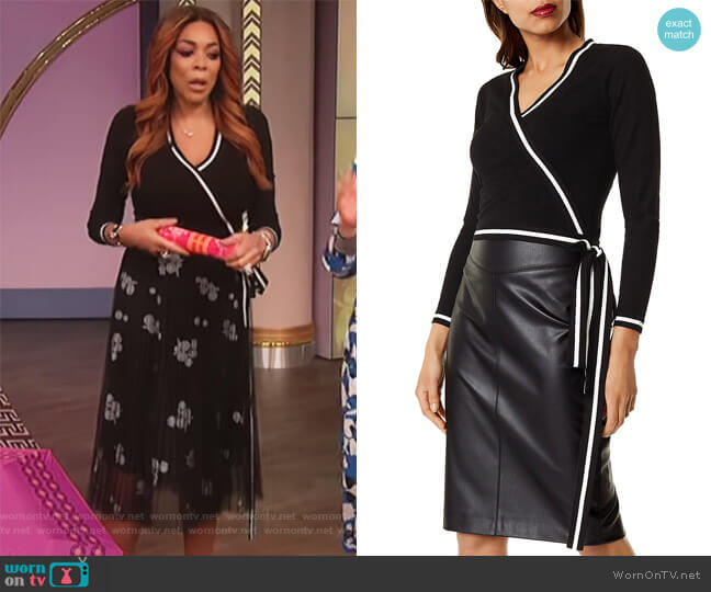 Karen Millen Striped-Trim Faux-Wrap Top worn by Wendy Williams on The Wendy Williams Show