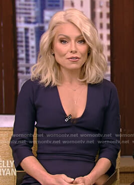 Kelly’s navy v-neck fitted dress on Live with Kelly and Ryan