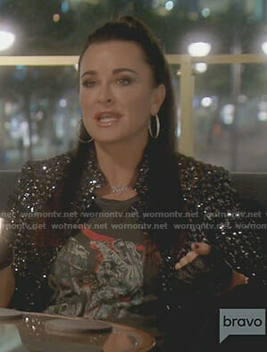 Kyle’s black print top and sequin jacket on The Real Housewives of Beverly Hills