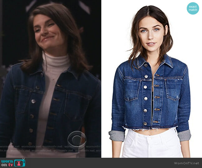 LAgence Zuma Raw Hem Crop Denim Jacket worn by Leslie Curry (Lindsey Kraft) on Living Biblically