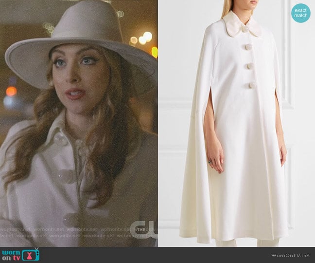 Roksanda Laurette cape worn by Fallon Carrington (Elizabeth Gillies) on Dynasty