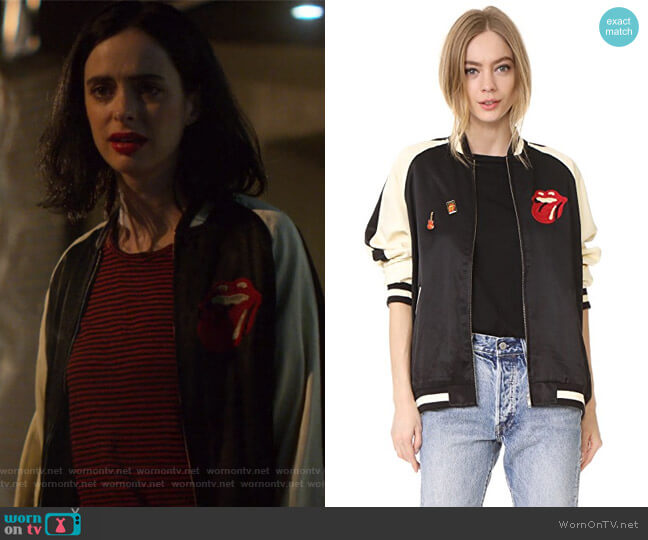 Madeworn Rock Rolling Stones Bomber Jacket worn by Jessica Jones (Krysten Ritter) on Jessica Jones