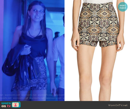 Maje Ilio Front-Overlay Tapestry-Inspired Jacquard Mini Shorts worn by Nomi Segal (Emily Arlook) on Grown-ish
