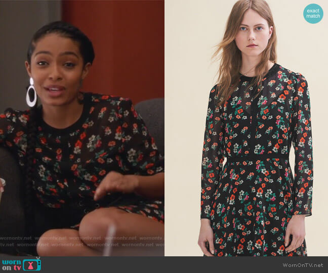 Maje Printed Dress with Ribbed Braid Trim worn by Zoey Johnson (Yara Shahidi) on Grown-ish