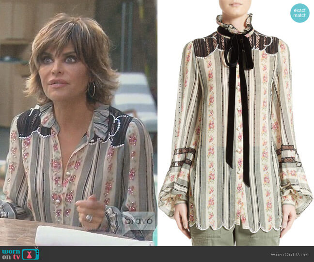 Marc Jacobs Embellished Brocade Print Blouse worn by Lisa Rinna on The Real Housewives of Beverly Hills