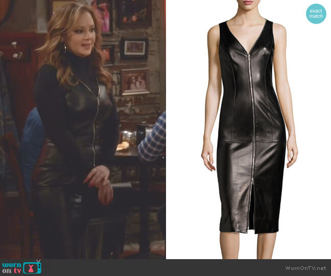 Michael Kors Lamb Leather Sleeveless Zip-Front Sheath Dress worn by Vanessa Cellucci (Leah Remini) on Kevin Can Wait