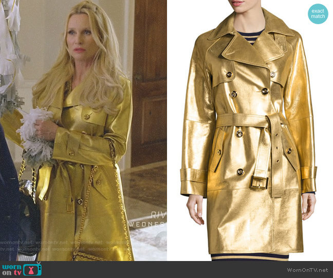Michael Kors Collection Metallic Leather Double-Breasted Trenchcoat worn by Alexis Carrington (Elaine Hendrix) on Dynasty