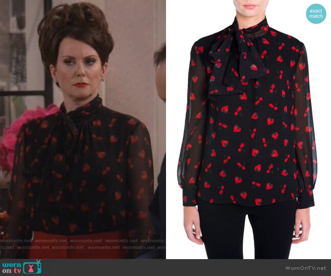 Miu Miu Strawberry & Cherry Print Tie-Neck Blouse worn by Karen Walker (Megan Mullally) on Will and Grace