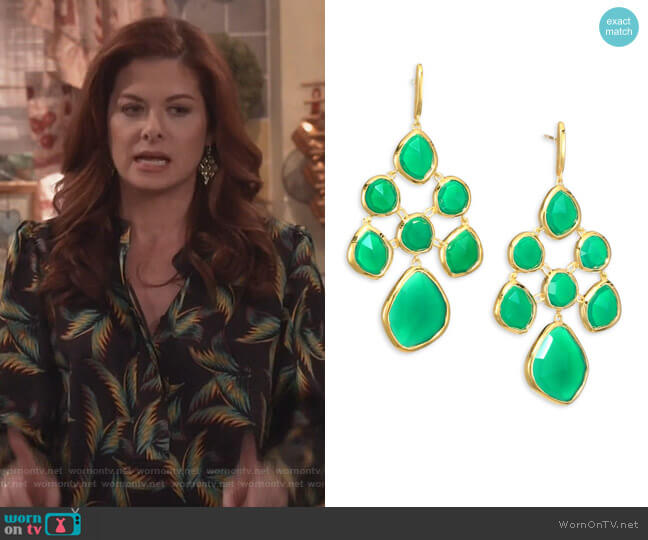 Monica Vinader Siren Green Onyx Chandelier Earrings worn by Grace Adler (Debra Messing) on Will and Grace