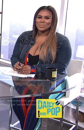 Nina’s multi-color striped jumpsuit on E! News Daily Pop