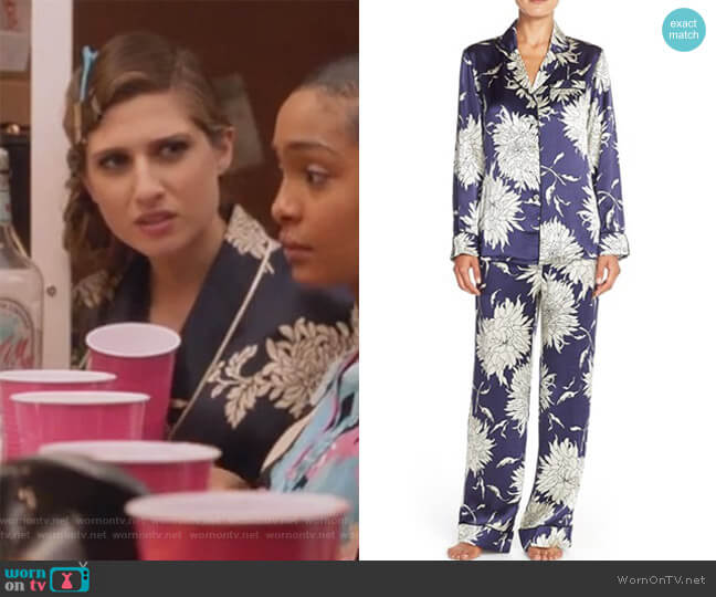 Olivia von Halle Lila Grace floral-print silk-satin pajama set worn by Nomi Segal (Emily Arlook) on Grown-ish