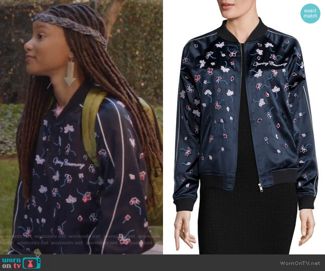 Opening Ceremony Embellished Silk Varsity Jacket worn by Skylar Forster (Halle Bailey) on Grown-ish