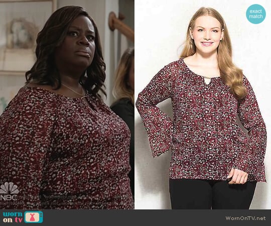 Roz & Ali Printed Shimmer Bar Keyhole Blouse worn by Ruby Hill (Retta) on Good Girls
