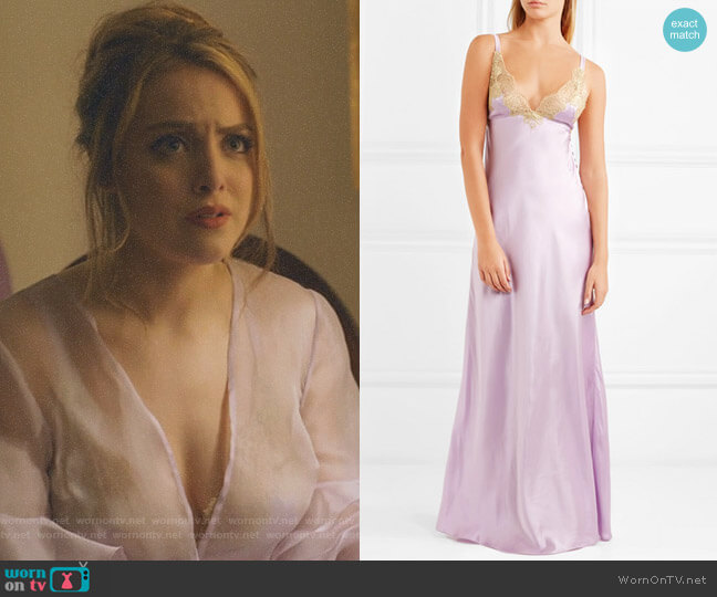 Rosamosario Casino Royale Metallic Lace-Trimmed Nightdress worn by Fallon Carrington (Elizabeth Gillies) on Dynasty
