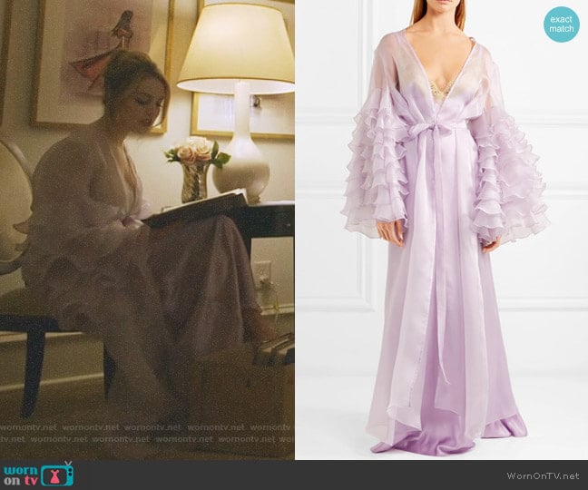 Rosamosario Casino Royale Ruffled Robe worn by Fallon Carrington (Elizabeth Gillies) on Dynasty