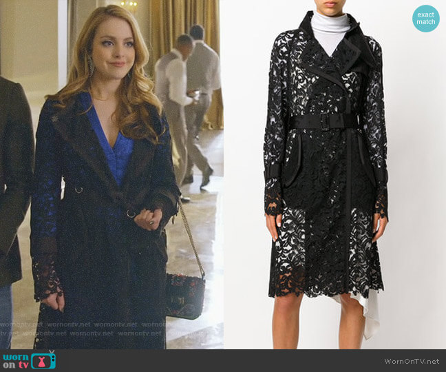 Sacai Sheer Lace Trench Coat worn by Fallon Carrington (Elizabeth Gillies) on Dynasty