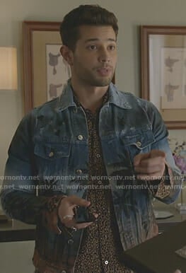 Sam’s leopard print shirt and palm tree print denim jacket on Dynasty