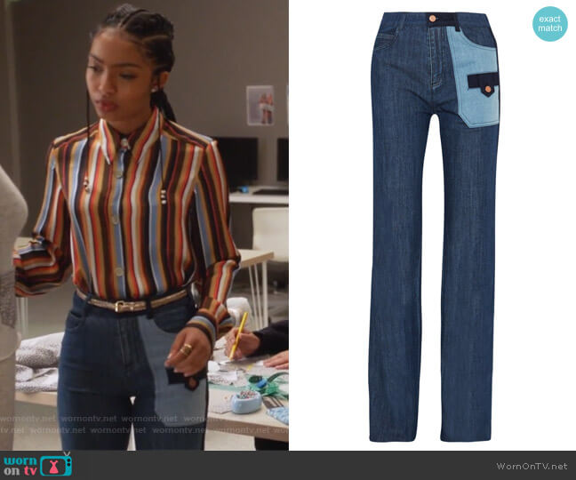 See by Chloe Patchwork Denim Pants worn by Zoey Johnson (Yara Shahidi) on Grown-ish