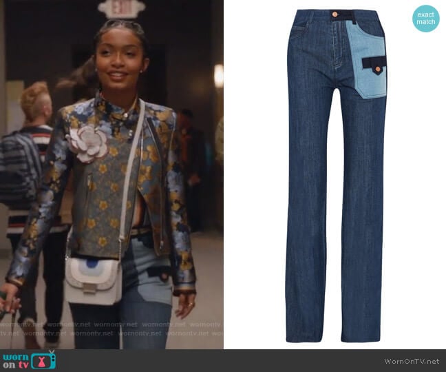 See by Chloe Patchwork Denim Wide-leg Jeans worn by Zoey Johnson (Yara Shahidi) on Grown-ish