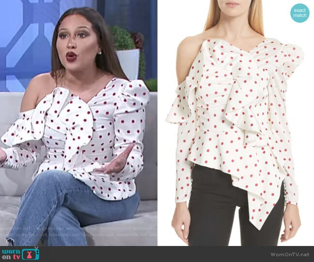 Self Portrait Polka Dot Ruffle One-Shoulder Satin Top worn by Adrienne Houghton on The Real