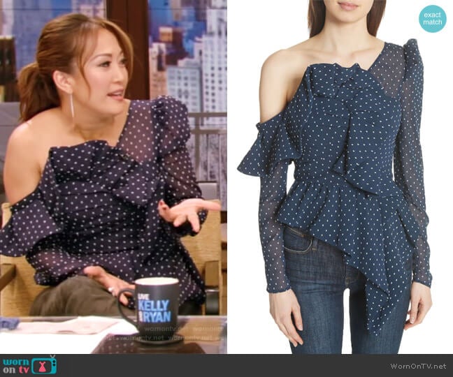 Self Portrait Ruffle Asymmetrical Plumetis Top worn by Carrie Inaba on Live with Kelly and Mark