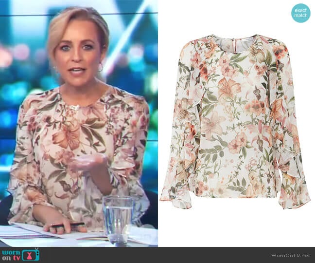 Sheike Tiger Orchid Blouse worn by Carrie Bickmore on The Project