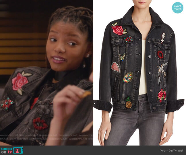 Sunset & Spring Patched Denim Jacket worn by Skylar Forster (Halle Bailey) on Grown-ish