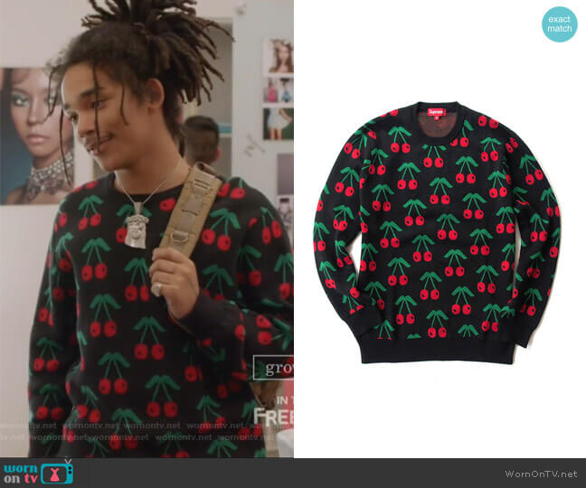 Supreme Black Cherry Print Sweater worn by Luka Hall (Luka Sabbat) on Grown-ish
