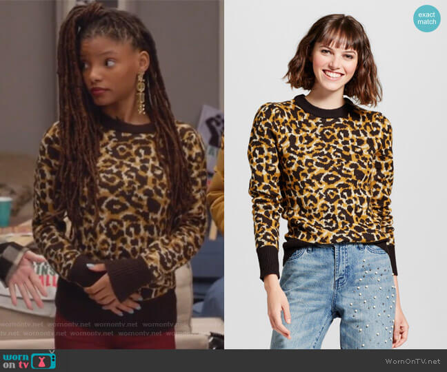 Who What Wear for Target Jacquard Crew Neck Sweater Leopard Print worn by Skylar Forster (Halle Bailey) on Grown-ish