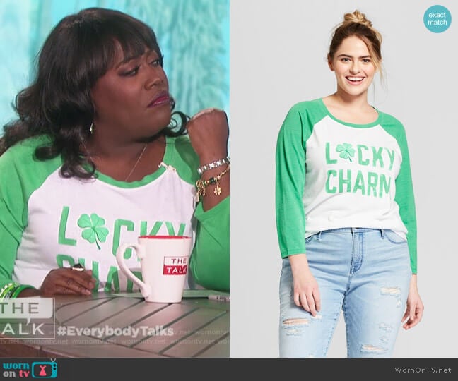 Grayson Threads St. Patricks Day Lucky Charm Short Sleeve Raglan Graphic T-Shirt worn by Sheryl Underwood on The Talk