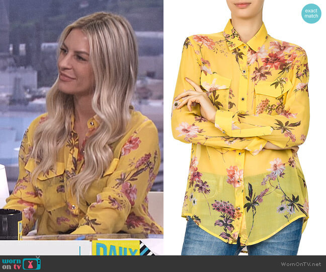 The Kooples Moulin Jaune Sheer Floral-Print Silk Shirt worn by Morgan Stewart on E! News