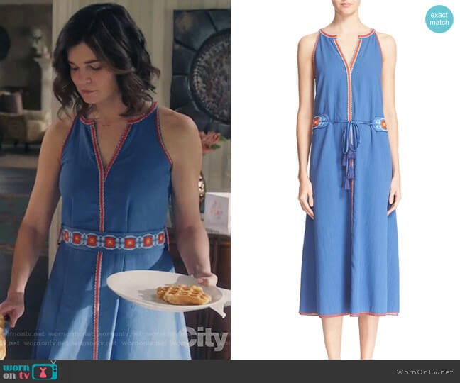 Tory Burch Savannah Cotton & Linen Midi Dress worn by Heather Hughes (Betsy Brandt) on Life in Pieces