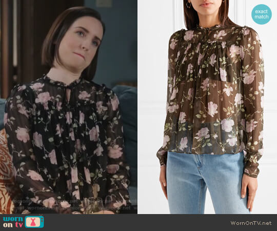 Ulla Johnson Petunia floral-print silk-crepon blouse worn by Jennifer Short (Zoe Lister-Jones) on Life in Pieces