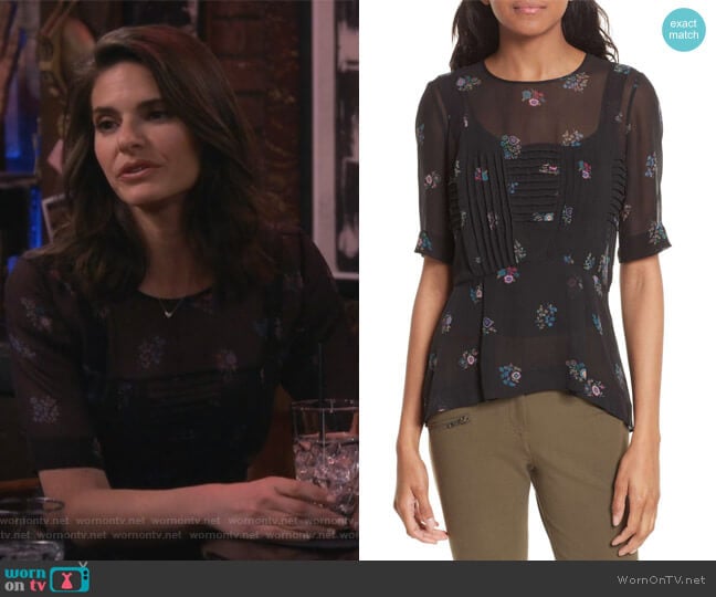 Veronica Beard Braden Print Silk Top worn by Leslie Curry (Lindsey Kraft) on Living Biblically
