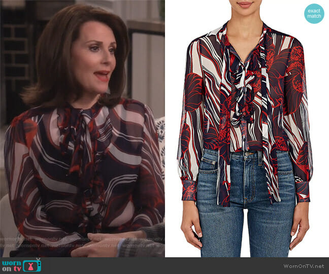 Warm Mood Floral Silk Plisse Chiffon Blouse worn by Karen Walker (Megan Mullally) on Will and Grace