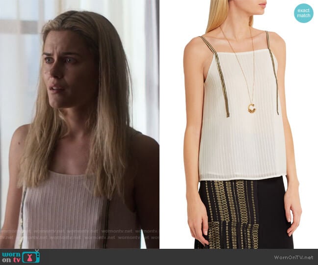 Zeus + Dione Cutout metallic-trimmed silk camisole worn by Trish Walker (Rachael Taylor) on Jessica Jones