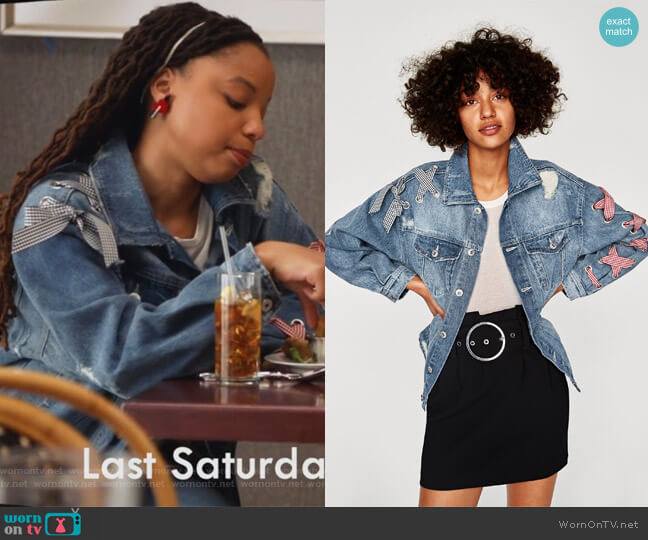 Zara Denim Jacket with Bows worn by Jazlyn Forster (Chloe Bailey) on Grown-ish