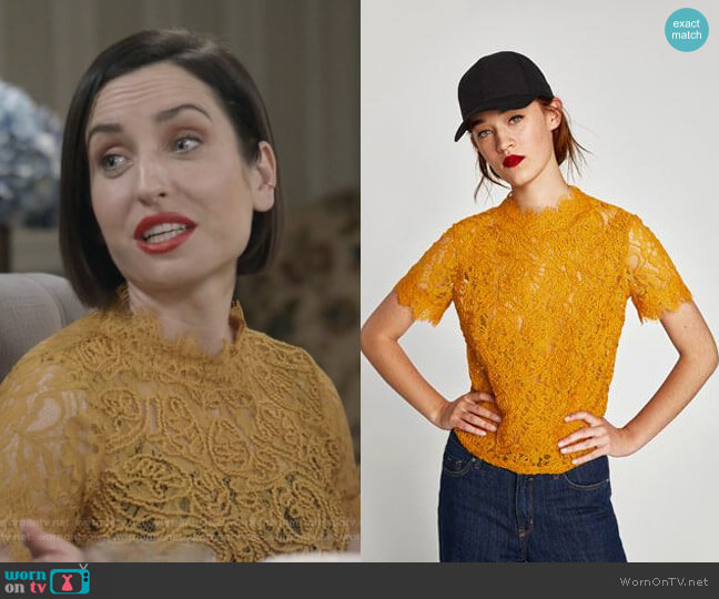 Embroidered Lace Top byu Zara worn by Jennifer Short (Zoe Lister-Jones) on Life in Pieces