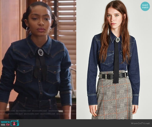 Zara Slim Fit Western Denim Shirt worn by Zoey Johnson (Yara Shahidi) on Grown-ish